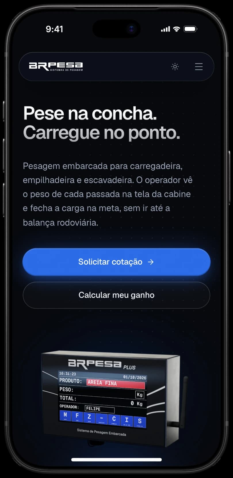 O início do site da BRPESA no celular
