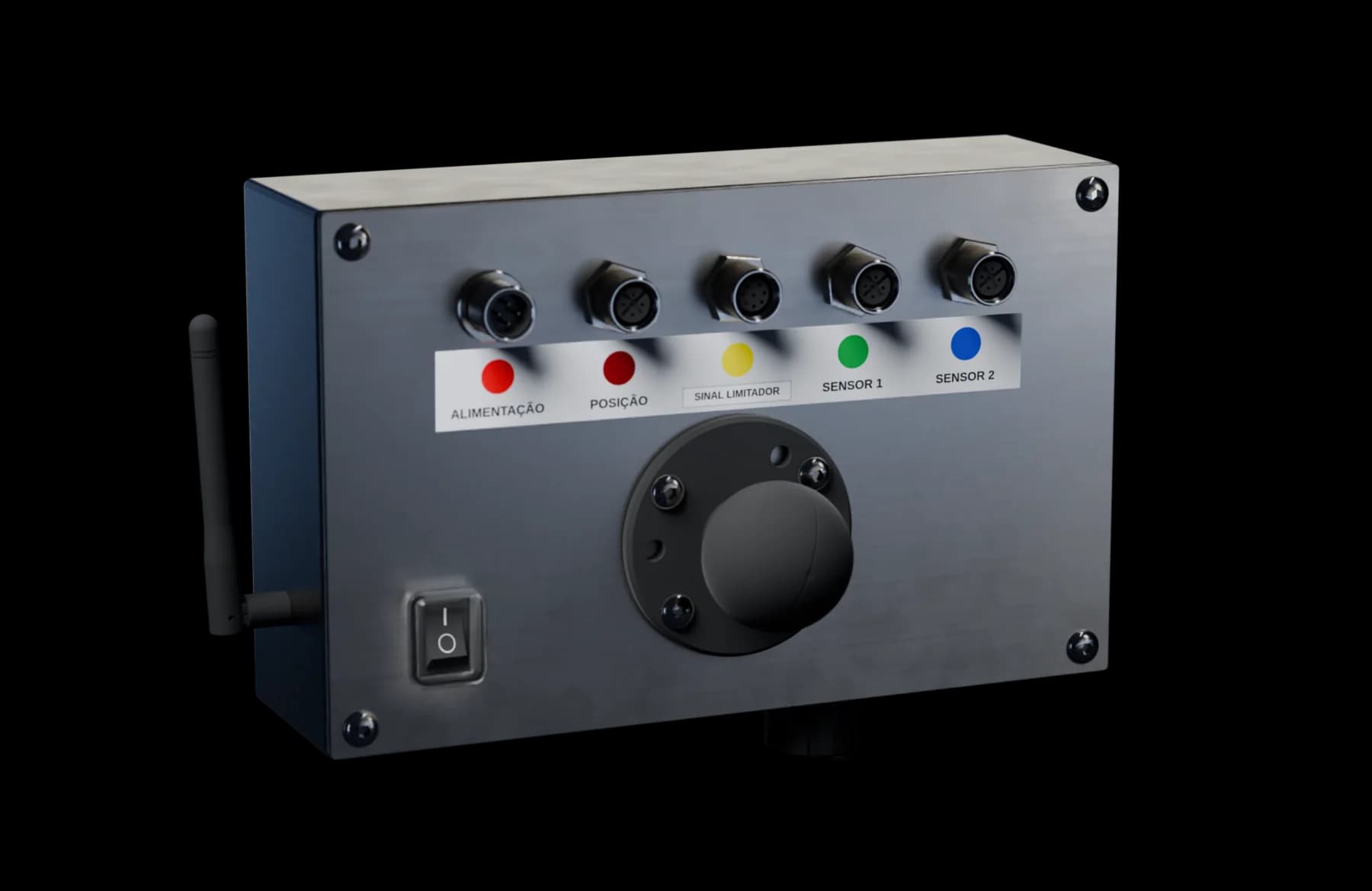 Traseira do CG Plus com conectores coloridos, antena e interruptor