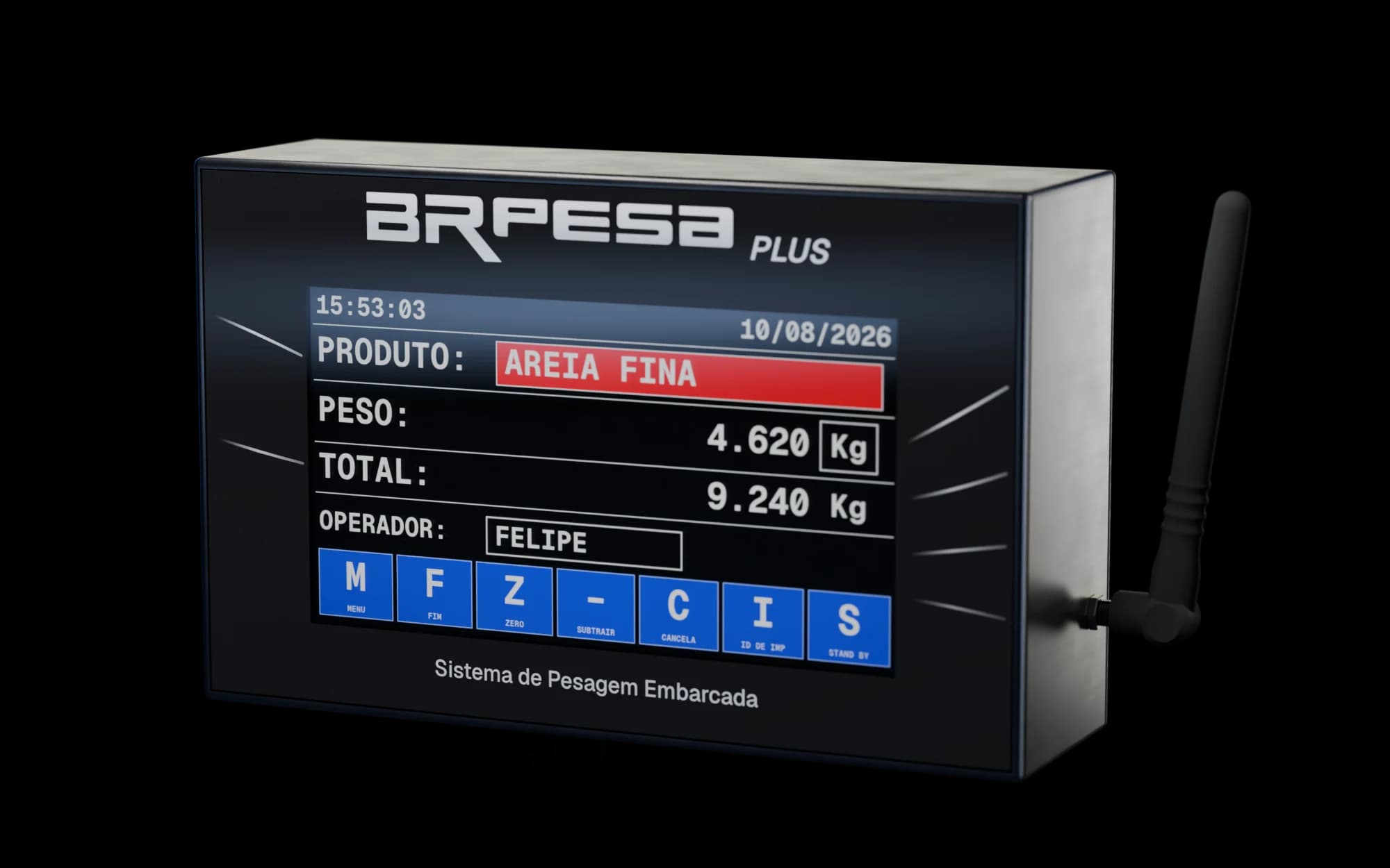 Indicador BRPESA CG Plus com a tela ligada mostrando produto, peso e total
