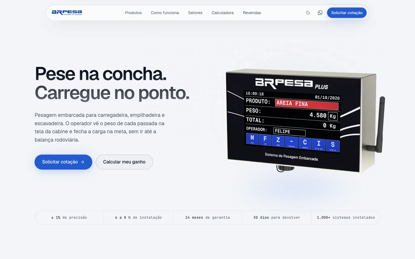O mesmo início do site da BRPESA no tema claro