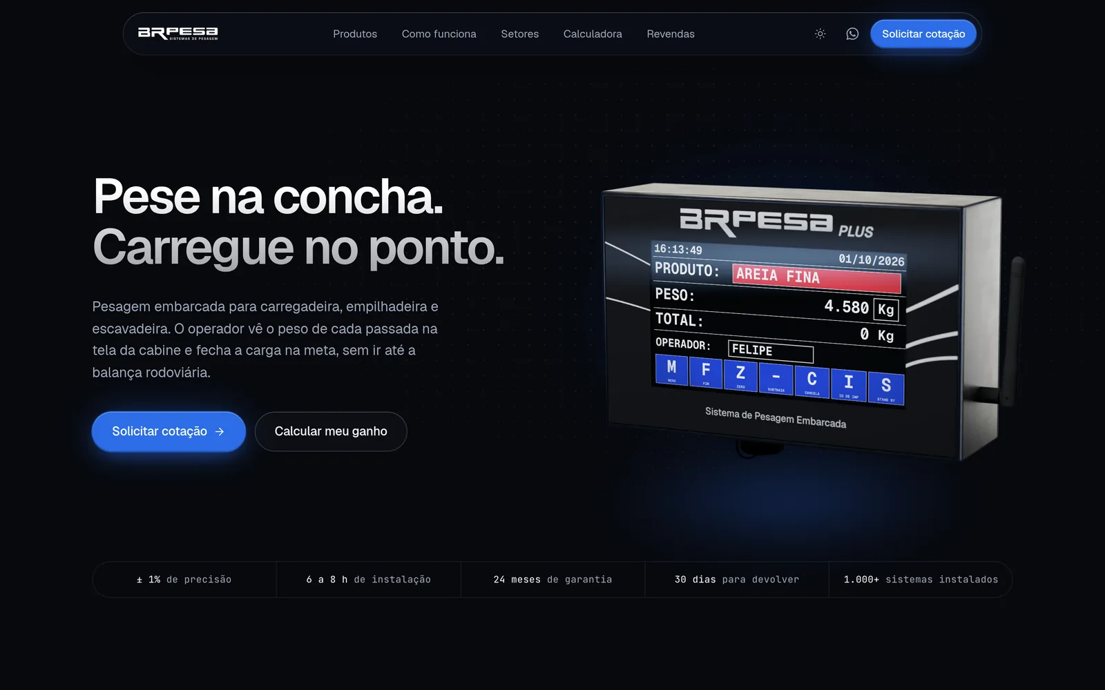 Início do site da BRPESA no tema escuro: o título Pese na concha, Carregue no ponto, e o indicador CG Plus com a tela ligada