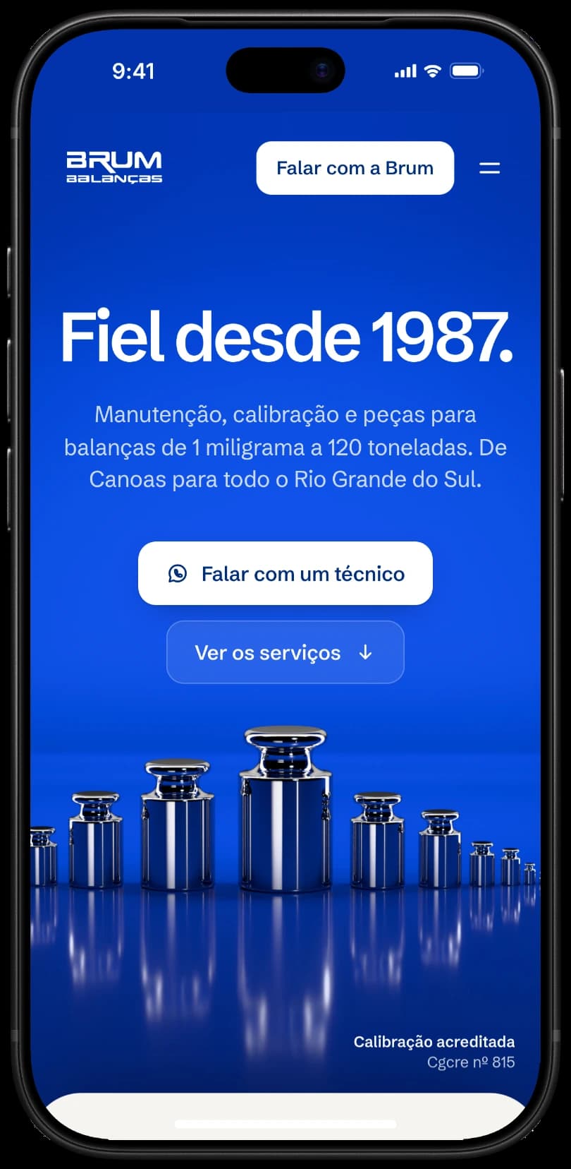 O início do site da Brum no celular, com os pesos embaixo do título