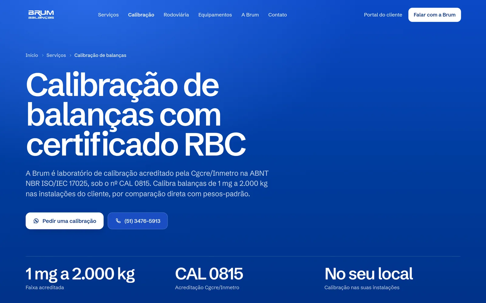 Página de calibração do site da Brum, com a faixa acreditada e o número da acreditação
