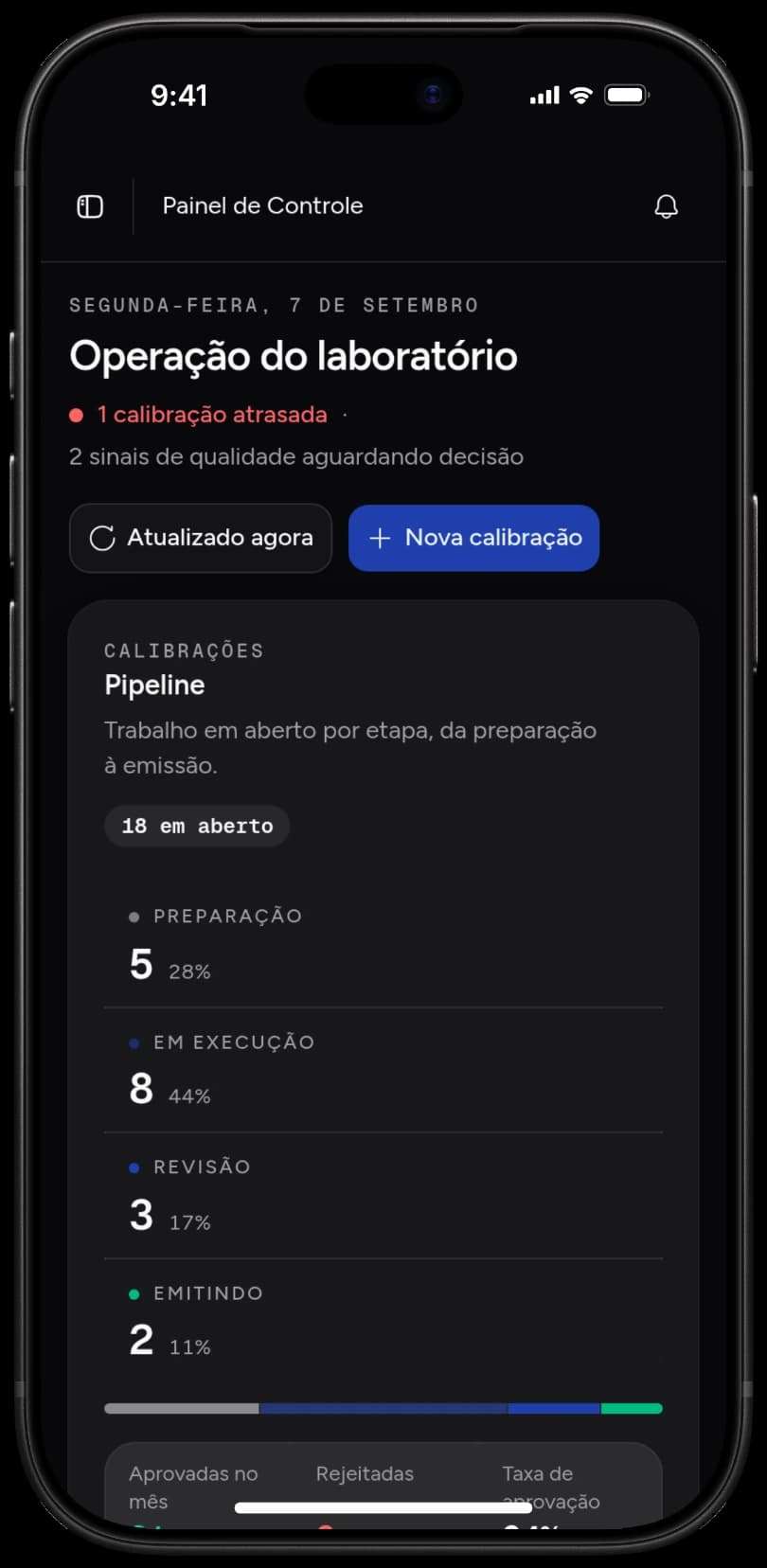 Painel do CalibraFácil no celular, tema escuro, com as calibrações em andamento por etapa