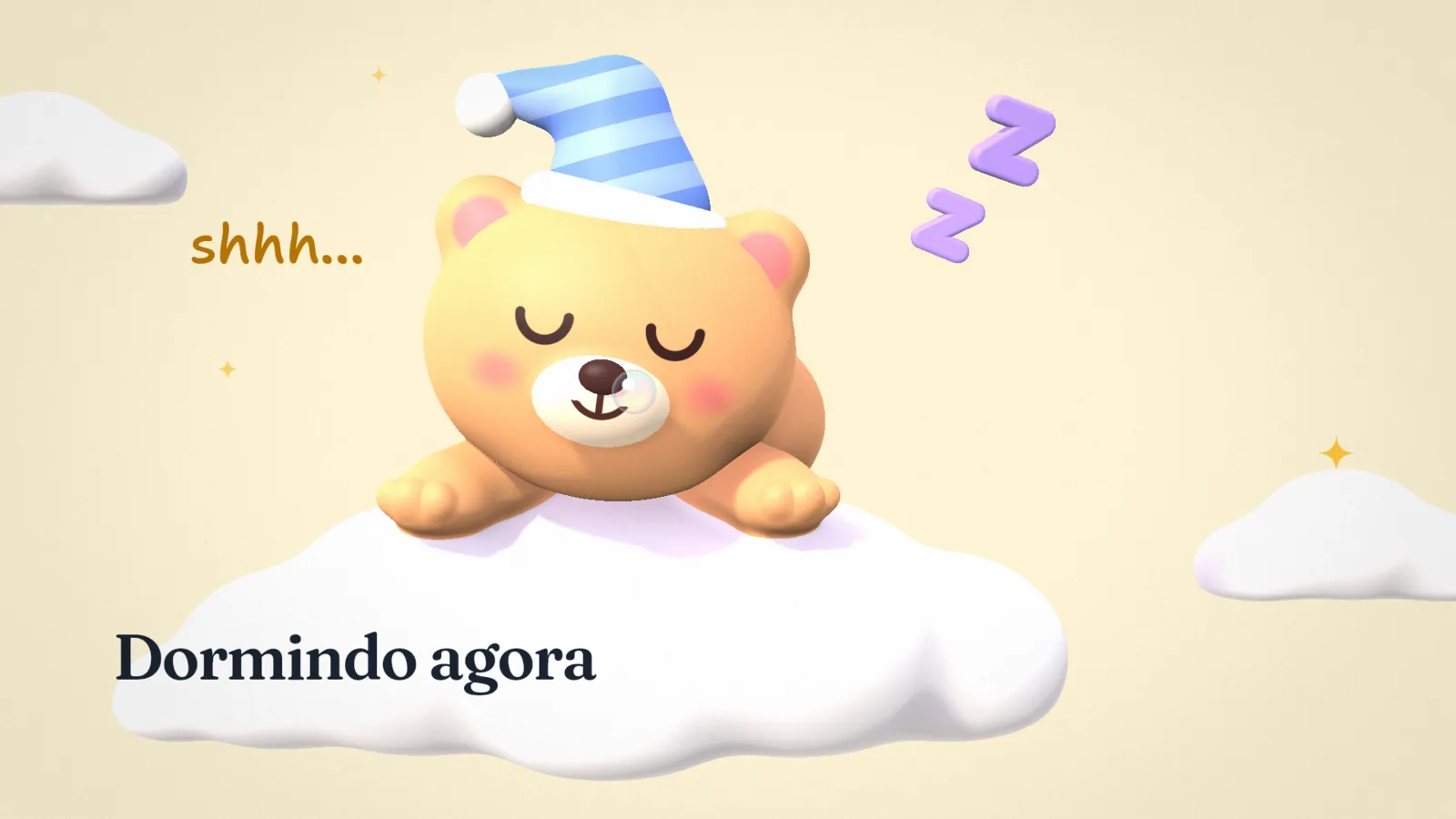 Cena do filme: um ursinho de touca dormindo numa nuvem, com a legenda Dormindo agora