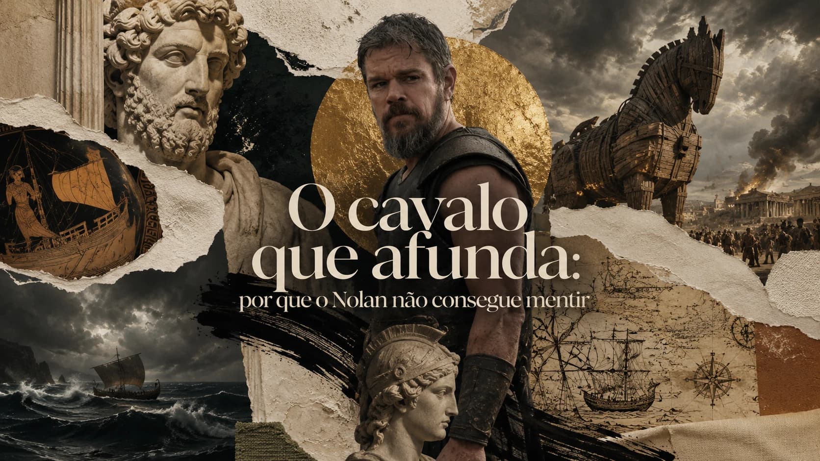 Colagem com Odisseu, o cavalo de Troia, estátuas gregas e navios em mar revolto