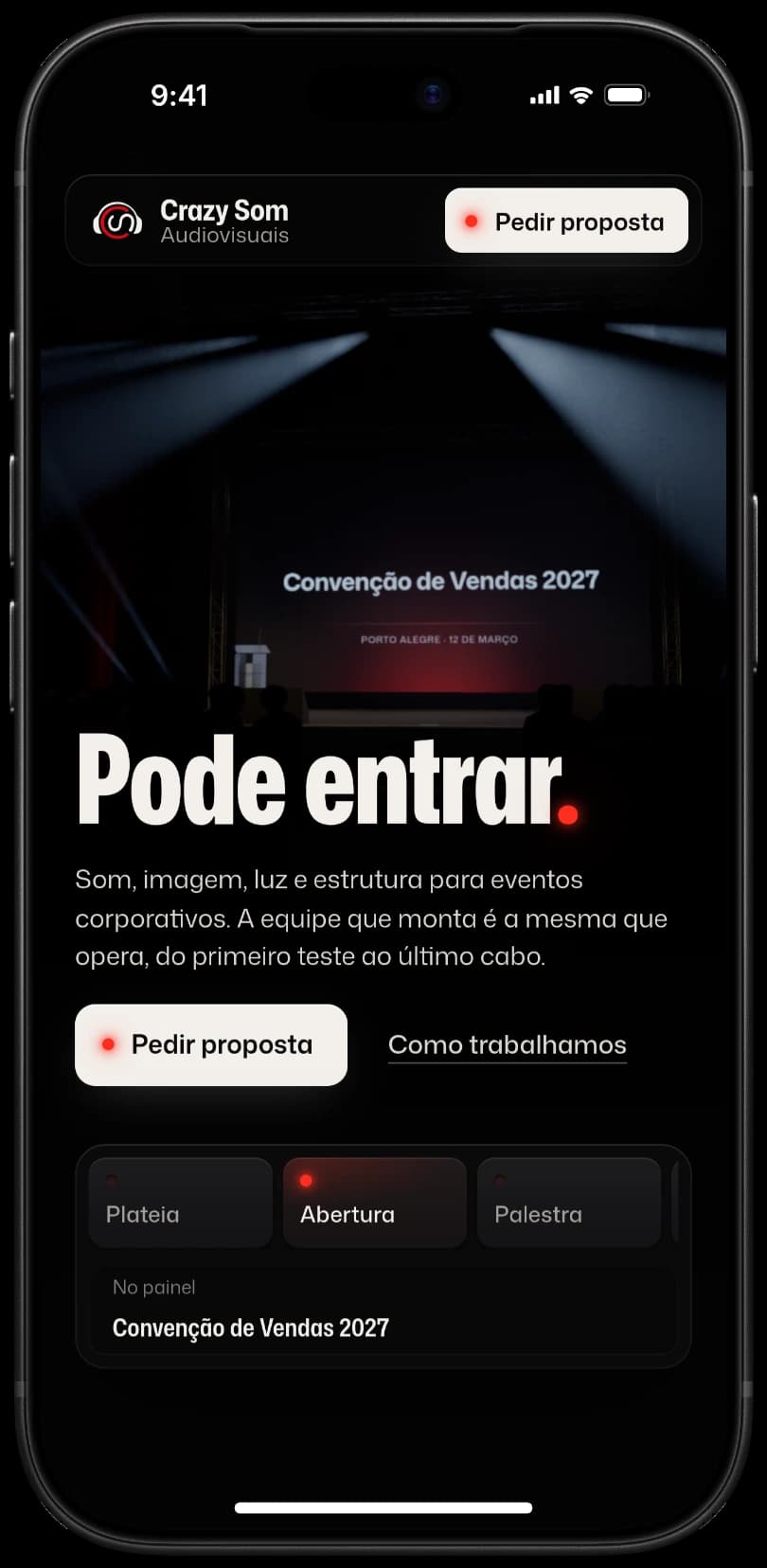 O início do site da Crazy Som no celular, com o título Pode entrar e as deixas de luz