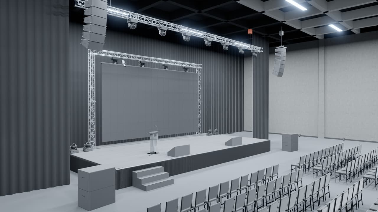 A plenária em branco, sem luz de show: treliças, caixas de som, palco e cadeiras