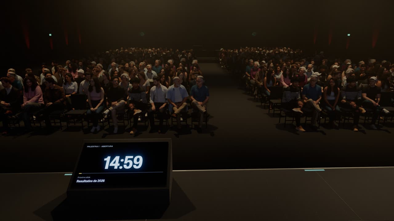 Do palco, o retorno com o cronômetro em 14:59 e a plateia à frente