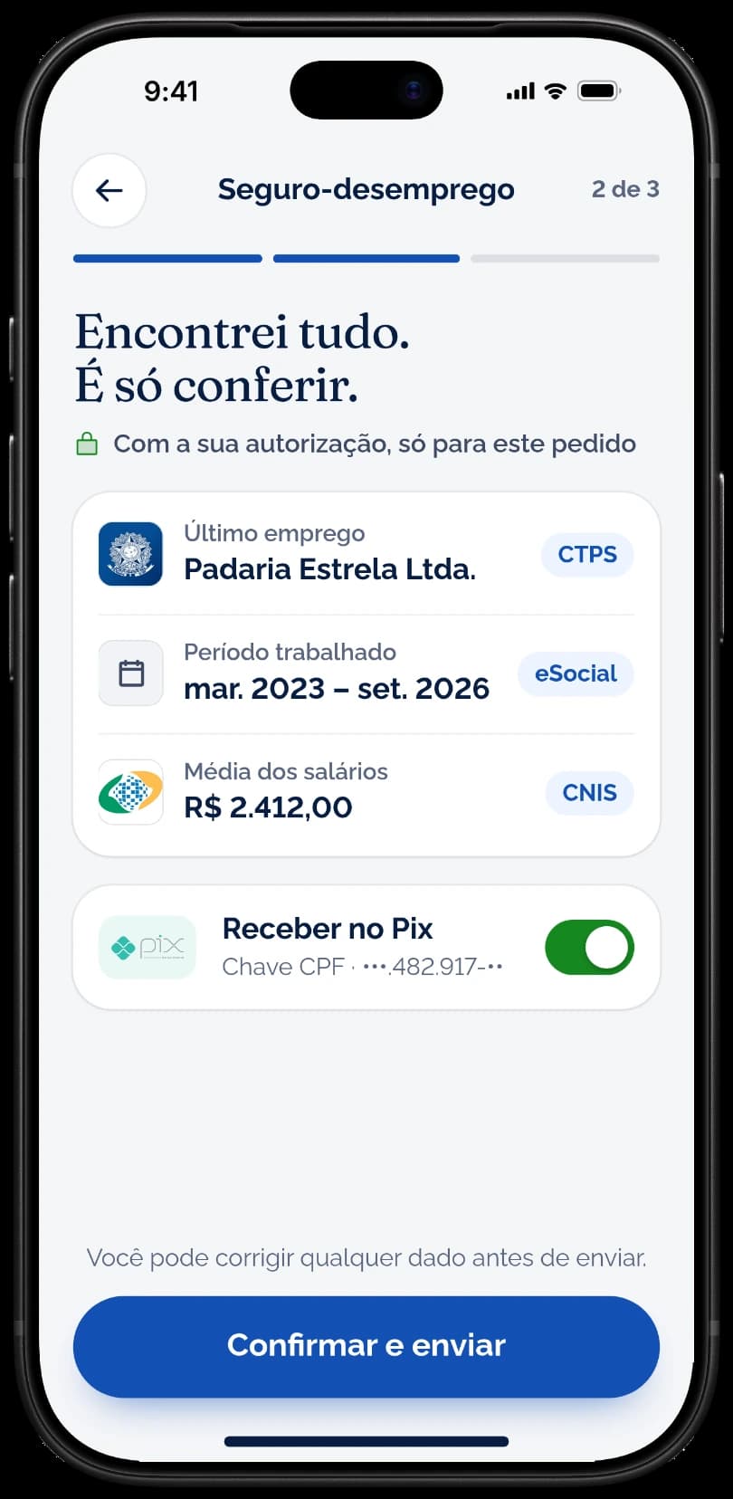 Terceiro passo: os dados já encontrados, com a origem de cada um, e o pagamento no Pix