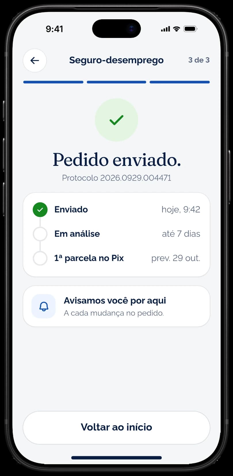 Último passo: pedido enviado, com protocolo e acompanhamento