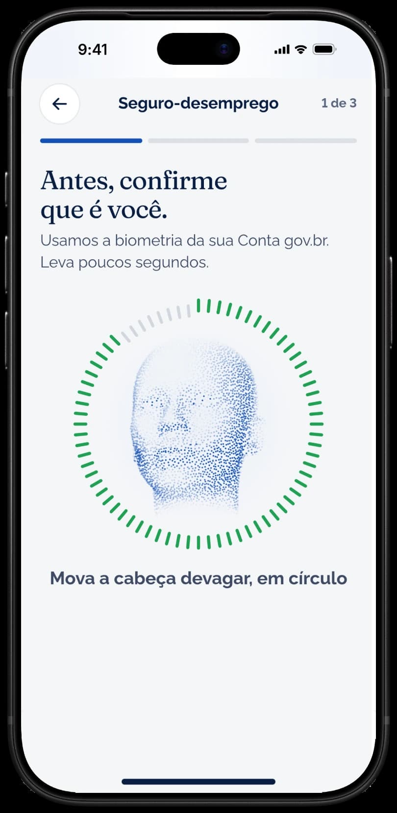 App do conceito: o cadastro facial, com a cabeça desenhada em pontos e o anel de verificação quase completo
