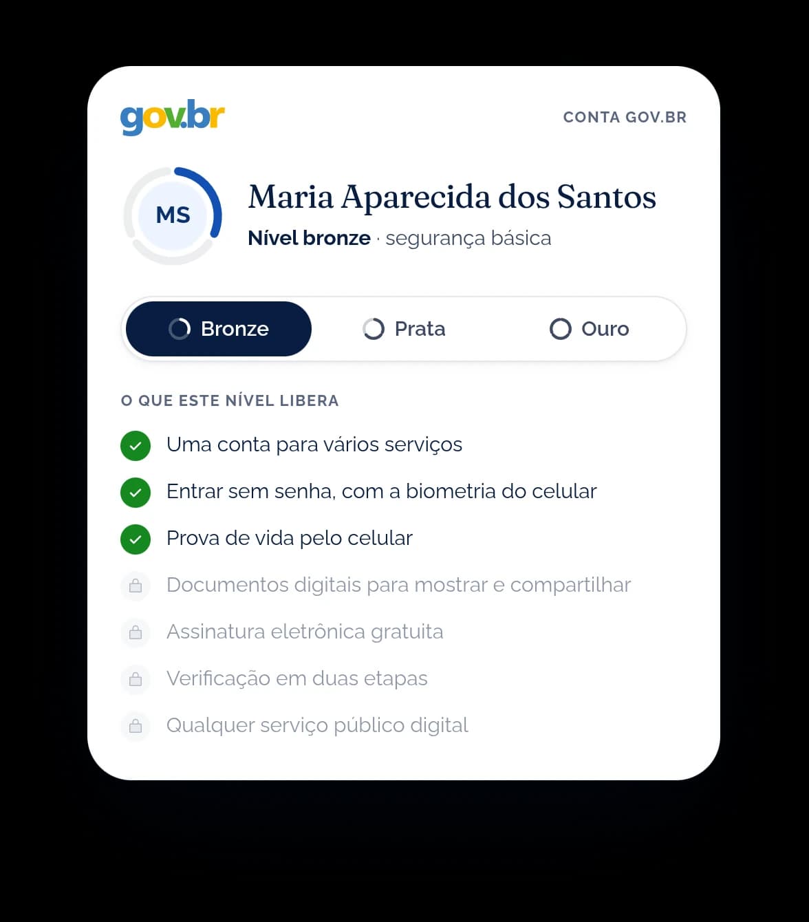 A mesma conta no nível bronze, segurança básica: três serviços liberados e quatro bloqueados