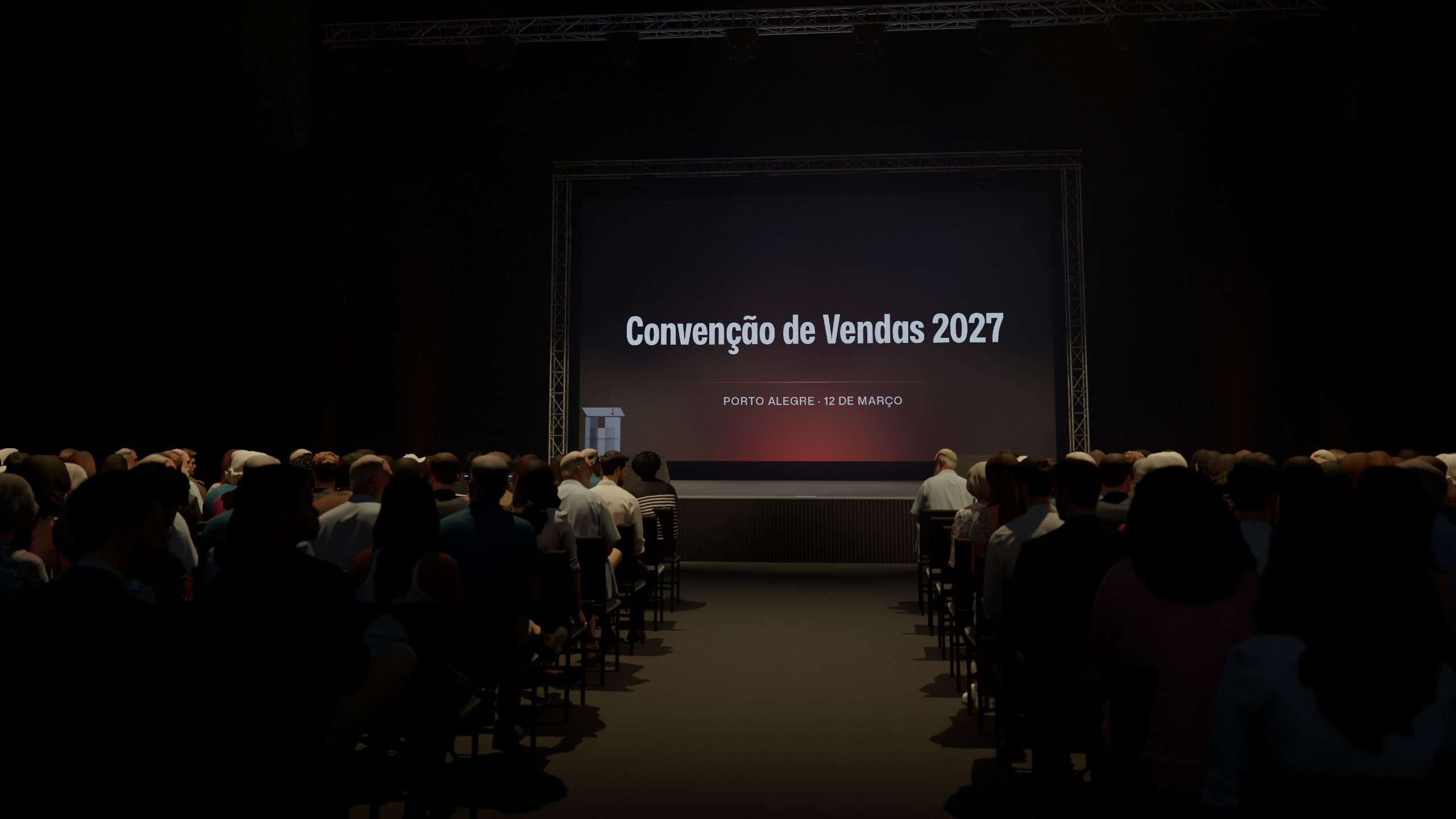 Plenária de um evento vista do fundo da sala: a plateia no escuro e o painel de LED com Convenção de Vendas 2027
